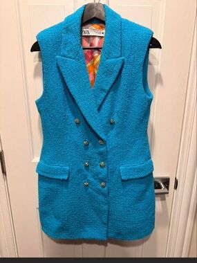 ZARA Bright Turquoise Double-Breasted Sleeveless Coat Vest
